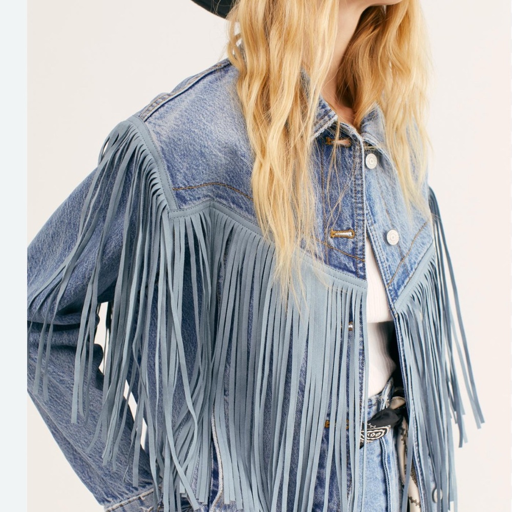 We The Free free people “after hours” Blue Jean Jacket with Fringe Details